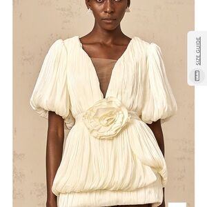 Cream Babydoll Dress with Puff Sleeves and Plunge Neckline